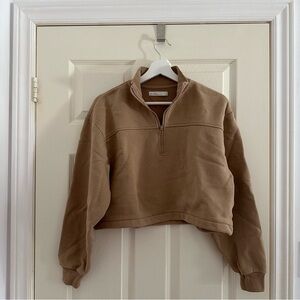 OAK + FORT Tan Cropped Quarter Zip Sweatshirt